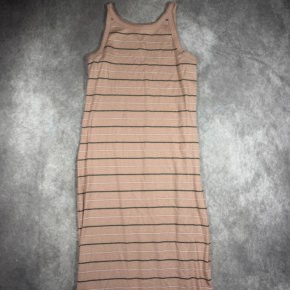 A New Day Womens L Peach Striped Ribbed Knit Midi Dress Side Slit Cottagecore